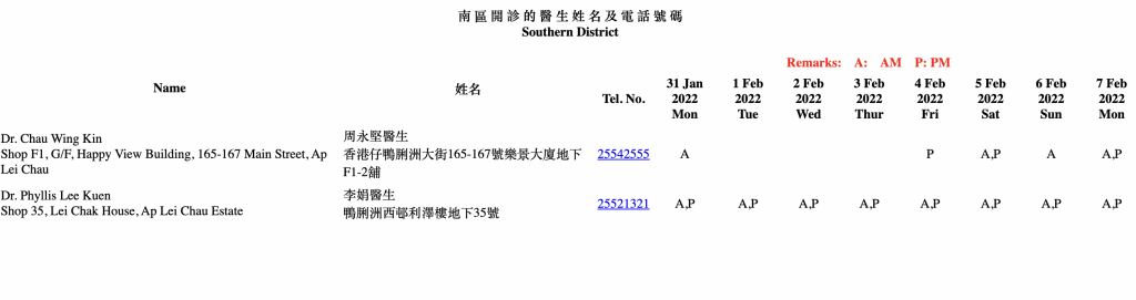 2022新年期間應診醫生名單香港區